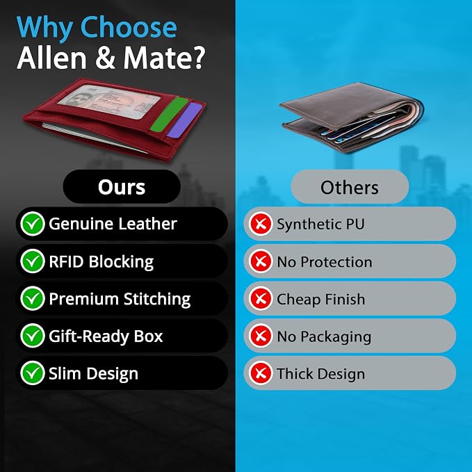 ALLEN & MATE 100% Genuine Leather Slim Minimalist wallet RFID Blocking Card Holder Wallets for Men & Women - Holds 7 Cards, ID & Cash with Gift Box (Maroon)