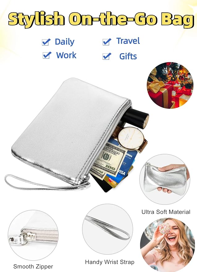 2 Pack Small Zipper Pouch Mini Makeup Bag for Purse Lipstick Cosmetic Travel Make Up Organizer for Women Essentials, Car Change Coin Holder 4.5 x 6.5 Clutch Stadium Approved Wristlet, Silver
