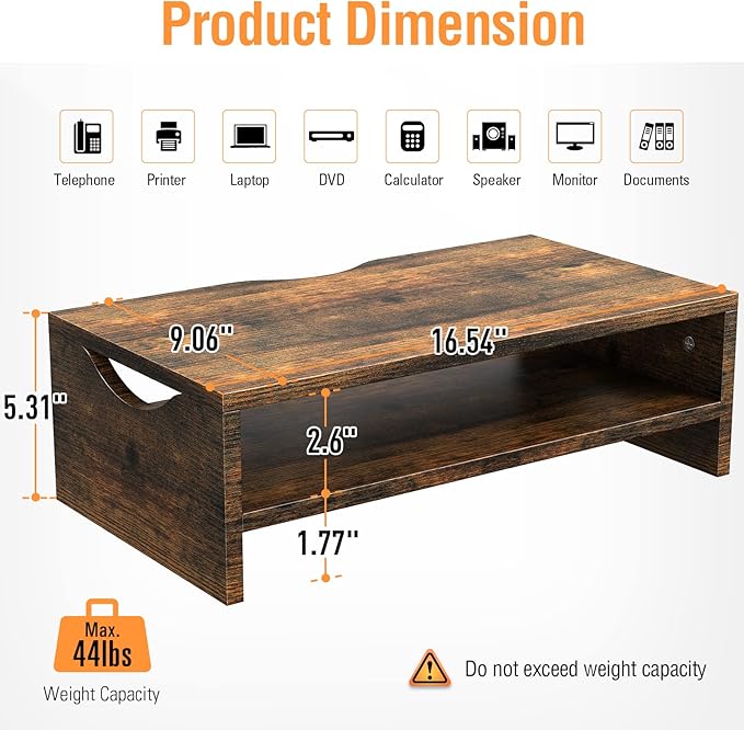 Monitor Stand Riser, 2 Tiers Wood Monitor Riser Stand with Desktop Shelf Storage Organizer, Ergonomic Desk & Tabletop Organizer Desktop Stand for Laptop Computer, MacBook, PC(Rustic Brown)