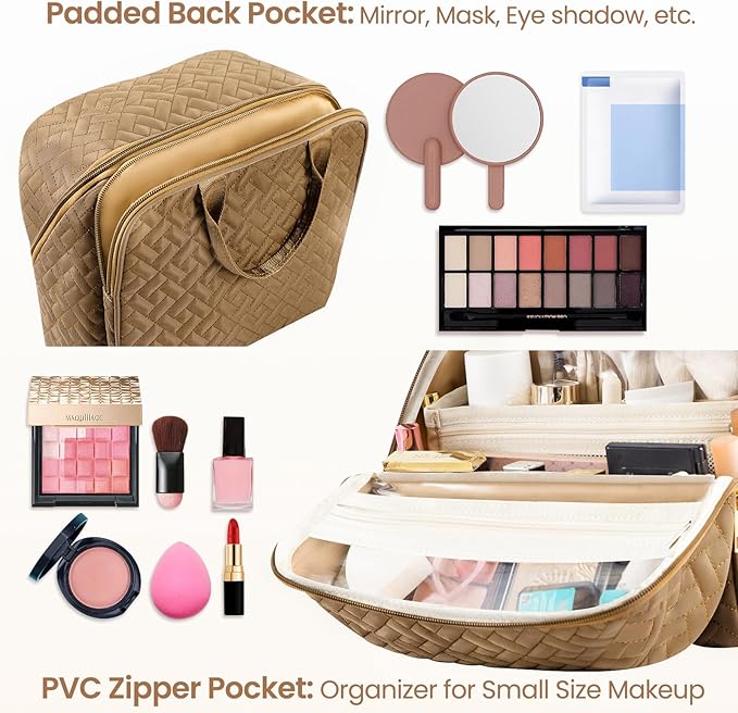 Makeup Bag, Large Capacity with Room for Brushes and Mirror, Travel Makeup Organizer, Portable Standing Make Up Case, Waterproof Cosmetic Toiletry Bags with Handle, Color Brown