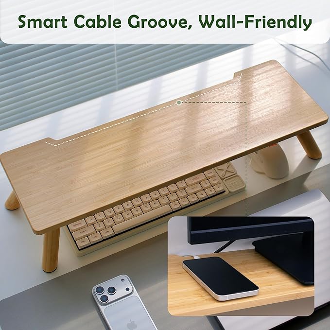 Bamboo Monitor Stand Riser with Cable Routing Slot, Ergonomic Computer Shelf for Desk, Natural Wood Desktop Organizer for Monitor Laptop Printer, Home Office Accessory