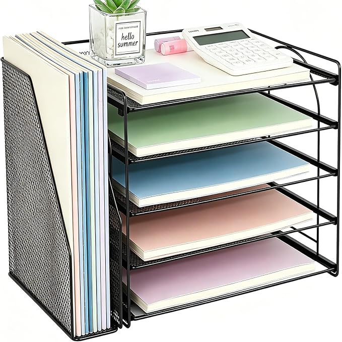OPNICE Desk Organizers and Accessories, 5-Tier Paper Organizer Letter Tray with Magazine Holder, Office Desk Accessories & Workspace Organizers, Desktop File Organizer for Office Supplies, Black