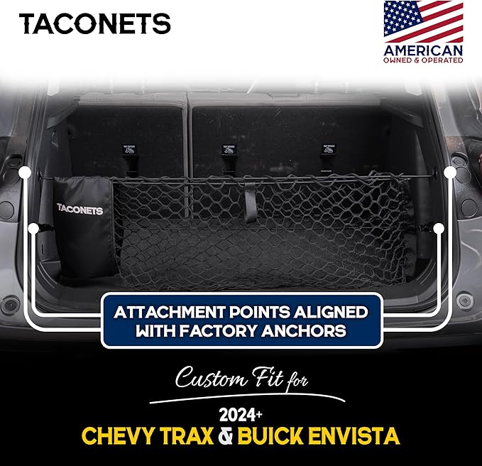 TacoNets Envelope Cargo Net for Chevy Trax/Buick Envista - Fits 2024-Current - Upgraded 5mm Bungee - Integrated Storage Bag - Heavy Duty Hooks - Designed in USA