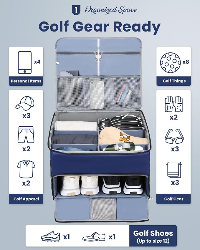Golf Trunk Organizer for Golf Shoes Clothes Gloves Hats Large Collapsible Golf Storage Box with 4 Dividers Water-Resistant Golf Shoe Bag for 2 Pair of Shoes Golfing Accessories for Men Women Golfers