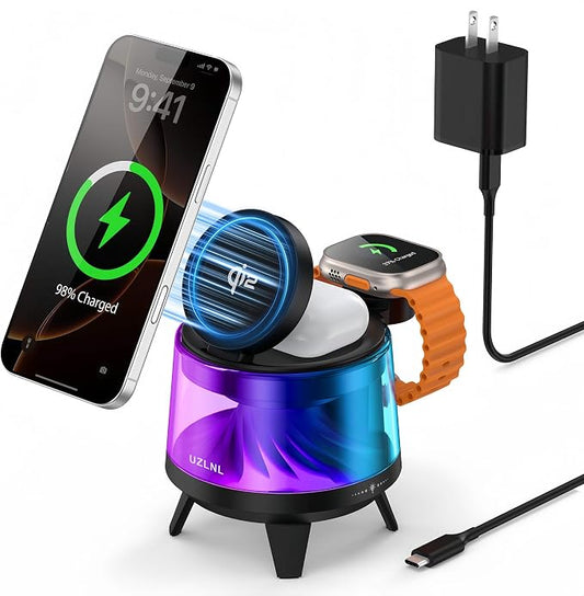 3 in 1 Wireless Charging Station for Apple Devices,Mag-Safe Charger Stand,Magnetic Wireless Charger Station,RGB Ambient Light,for iPhone 17 Pro Max 16 15 14 13 12,AirPods & Apple Watch Series