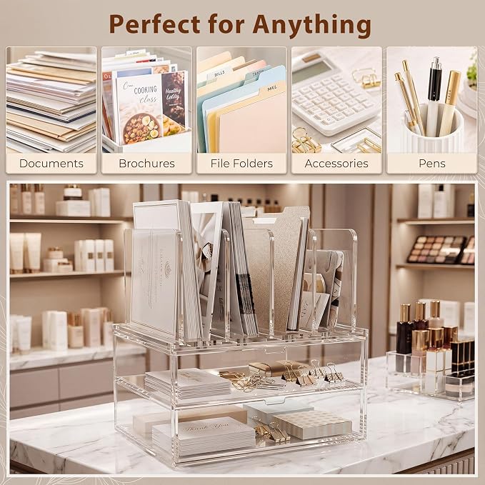 Ripeng Acrylic Desk Organizer with 2 Drawers, Vertical File Holder with 5 Detachable and Adjustable Dividers, Clear Desk Organizers and Accessories for Home, Office, School
