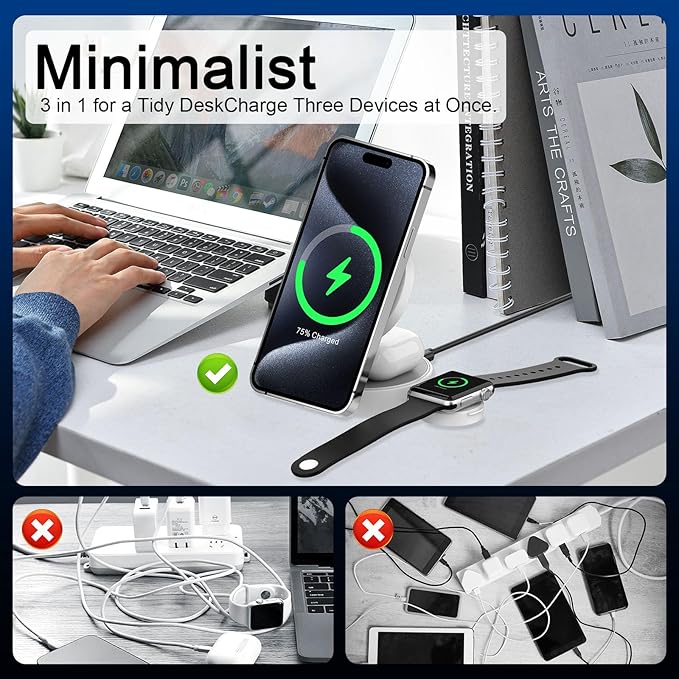 Charging Station for Apple Multiple Devices - 3 in 1 Foldable Magnetic Wireless Charger Dock - Travel Charging Pad for iPhone 16 15 14 13 12 Pro Max Plus Watch & Airpods (White)