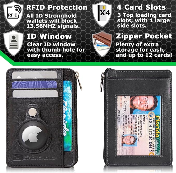 ID Stronghold RFID Blocking Front Pocket Wallet – Slim Minimalist Genuine Leather Wallet with Zipper Coin Pocket (Airtag Black)