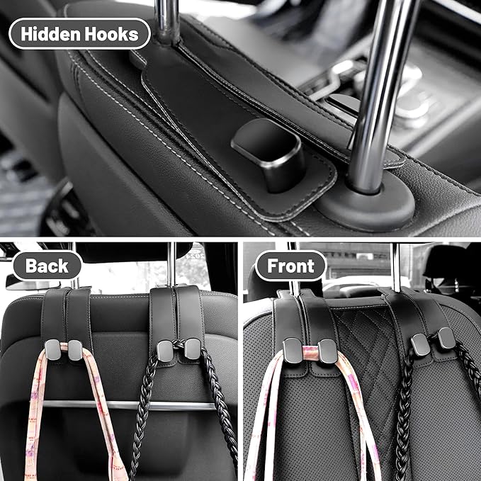 Amelity Car Seat Back Storage Hook, 2 Pack Car Headrest Hooks, Cute Car Purse Hanger for Handbags, Purses, Bags, Daily Car Accessories - Black