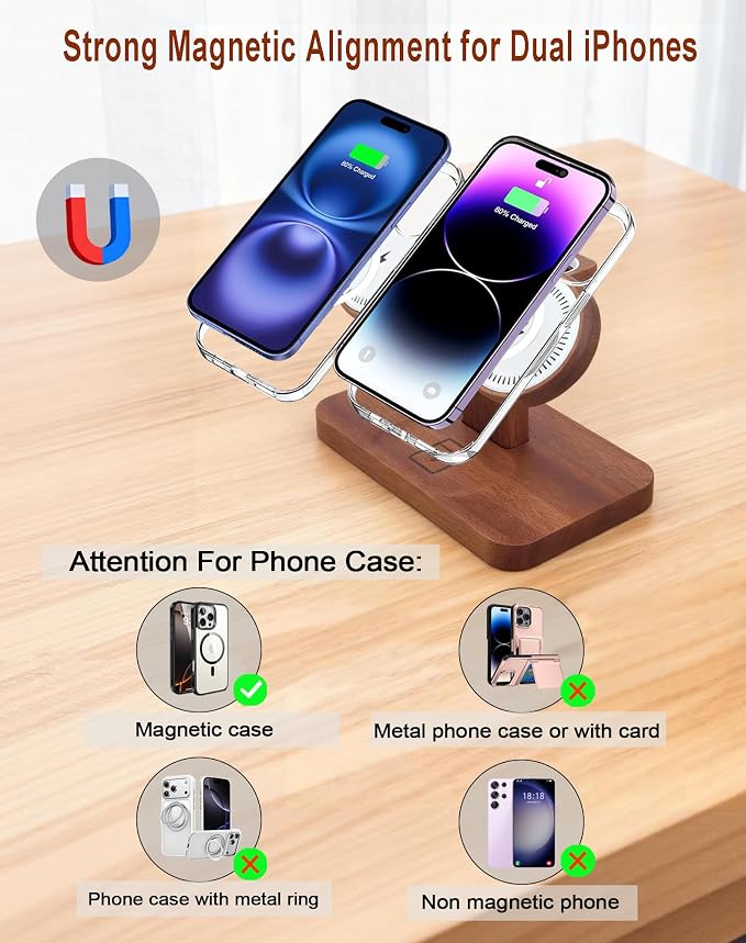 Magnetic Dual Wireless Charger for Apple Multiple Devices,Two Phone Charging Station for iPhone 17/16/15/14/13,AirPods & Apple Watch,Wood Charger Stand Desk Organizer,Gift for Men Dad Boyfriend