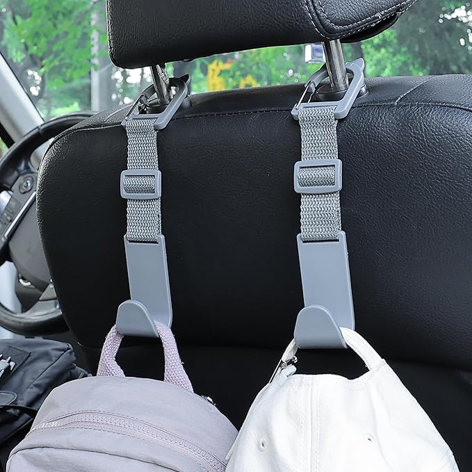 Amooca Car Headrest Hooks 4 Pack Adjustable Universal Fit Auto Seat Back Organizer Storage Hanger Purse Bags Holder with Clip Gray
