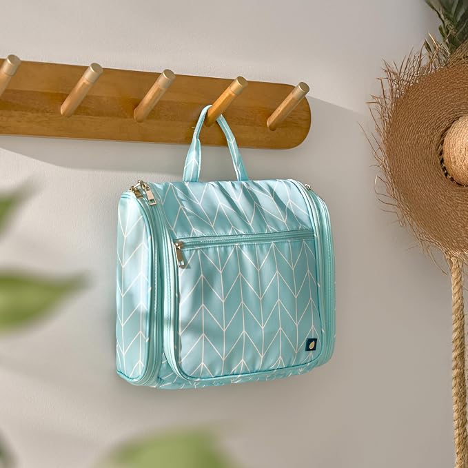 PAVILIA Large Hanging Makeup Bag and Toiletry Organizer for Women, Travel Cosmetic Case with 10 Compartments, Swivel Hook and 3 Leakproof Pockets, Packs Flat, Teal Chevron