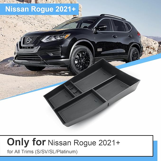 2021-2026 Rogue Center Console Organizer Lower, for Nissan Rogue (S/SV/SL/Platinum/Rock Creek/Dark Armor), Durable ABS &Anti-Slip Rubber Console Tray Insert 2026 2025 Rogue Accessories (Black)