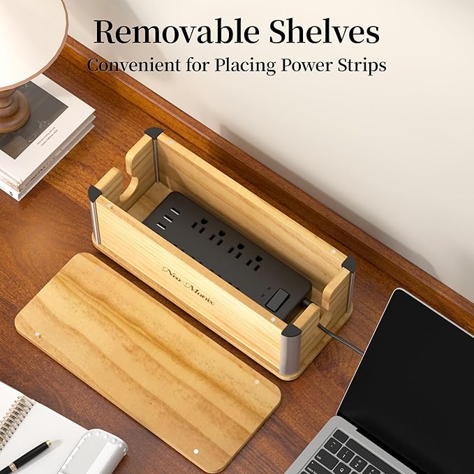 Delamu Wooden Cable Management Box, Retro-Inspired Cord Organizer Box for Home Office, Large Cord Hider Box Hides Cords and Power Strips, Floor Cord Covers, 14.3" x 6.0" x 5.5", Light Wood Color
