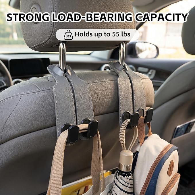 2 Pack Gray Car Headrest Hooks, Universal Car Purse Holder Seat Back Storage Hook, Multifunctional Automotive Interior Organizer for Bags Purses Groceries