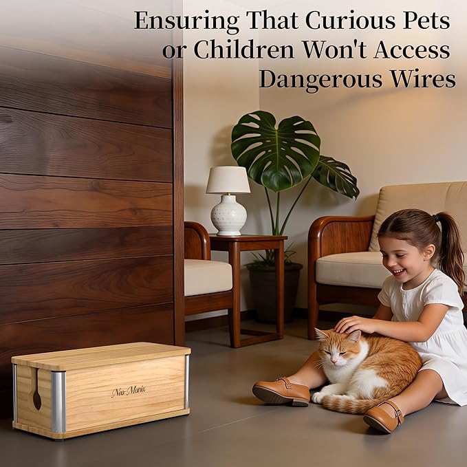 Delamu Wooden Cable Management Box, Retro-Inspired Cord Organizer Box for Home Office, Large Cord Hider Box Hides Cords and Power Strips, Floor Cord Covers, 14.3" x 6.0" x 5.5", Light Wood Color