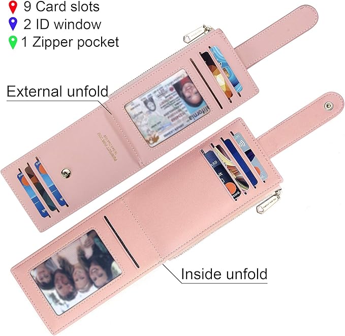 Badiya Slim Women Wallet RFID Blocking Bifold Compact 9 Card Slots Holder Wallets Soft Leather with Zipper Coin Pocket 2 ID Window