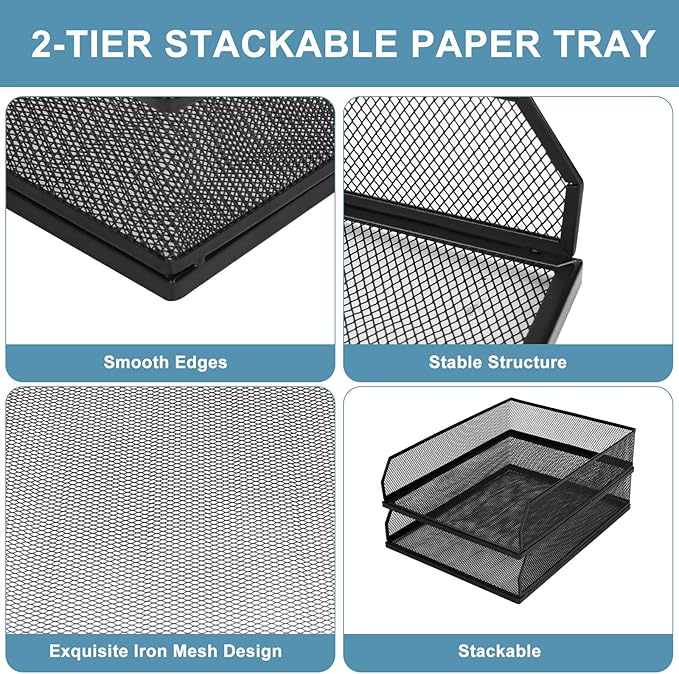 Stackable Paper Tray Desk Organizer, 2 Pack Letter File Tray, Wire Mesh Desktop Organizer, Front-Load Metal A4 Paper Sorter Documents Storage Holder Tray for Office Supplies Home School Classroom