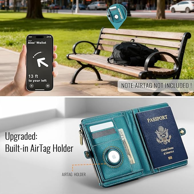Passport Holder Wallet Bag with AirTag Holder, 11 Card Slots and Passport Solt Cash Solt Photo Solt Zipper Pocket, RFID Blocking Wristlet Strap.Green
