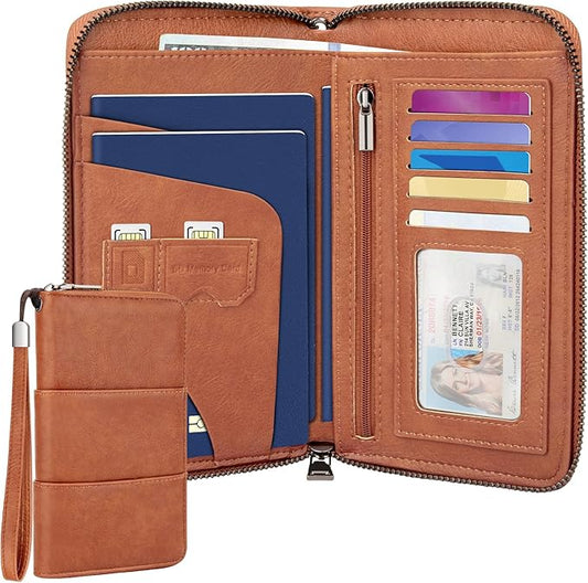 Family Passport Holder Wallet with Zipper, RFID Blocking Travel Document Organizer, PU Leather Passport Wallet for Women Men, Passport Cover Travel Wallet for Boarding Pass, ID, Money, Ticket