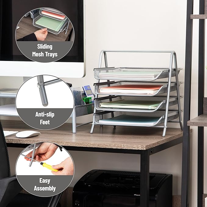 Mind Reader 4-Tier Paper Tray, Desktop Organizer, File Storage, Office, Metal Mesh, 12"L x 13.75"W x 12.5"H, Silver