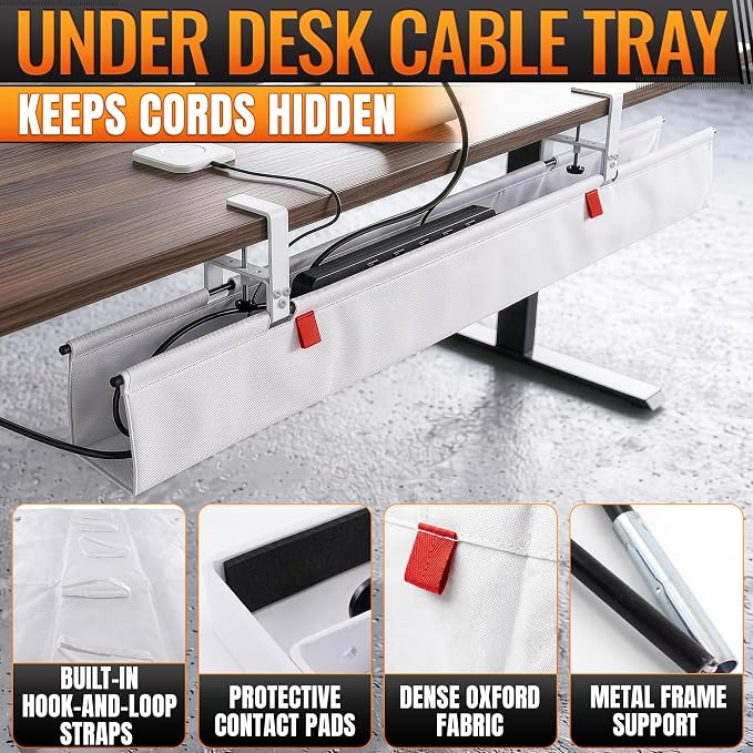 Under Desk Cable Management Tray 48" — No Drill Clamp-On Cord Organizer for Desk with Built-in Ties, Heavy Duty Metal Clamp, Foldable 600D Oxford Fabric for Home Office, WFH & Gaming PC Setup (White)