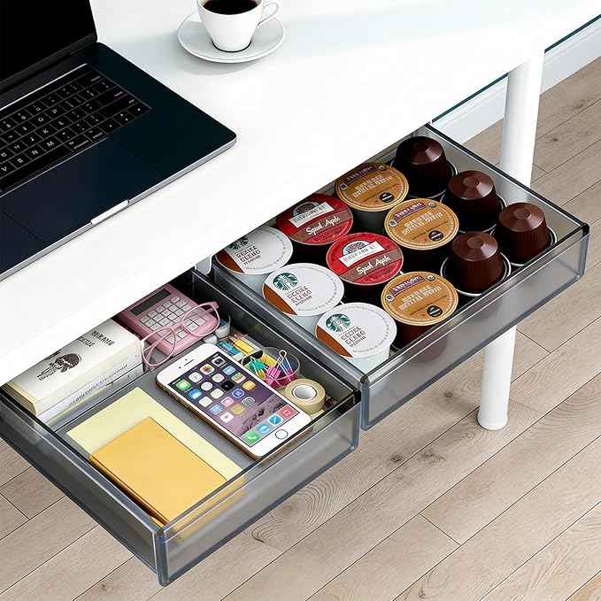 Under Desk Drawer Set of 2, Smooth Slide-Out Storage (Medium/Small), Thick PET Material, For Home Office, Desk & Coffee Table