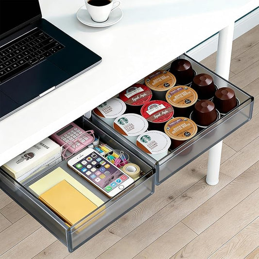 Under Desk Drawer Set of 2, Smooth Slide-Out Storage (Medium/Small), Thick PET Material, For Home Office, Desk & Coffee Table