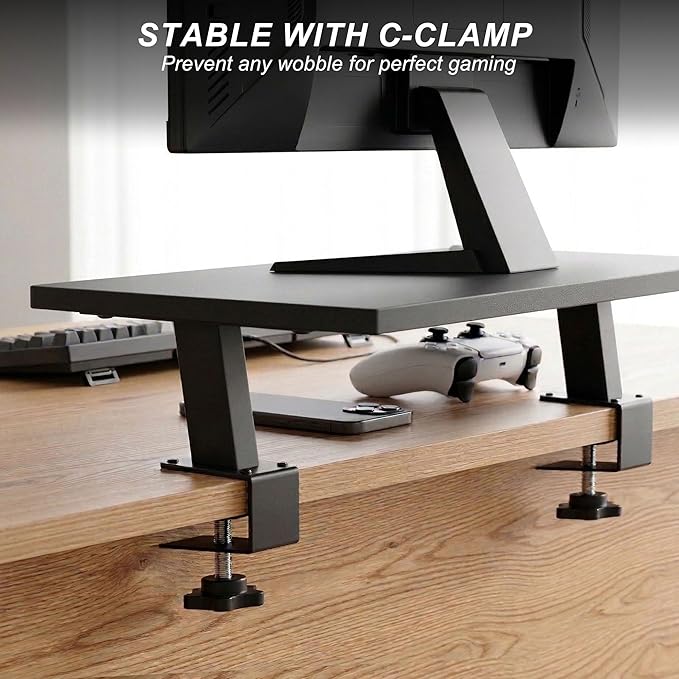 15-Inch Desktop Clamp-on Shelf & Monitor Riser, 2-in-1 Reversible Design ??Fits Either Side of Desk, C-Clamp for Stability, Holds 44 lbs, for Gaming PC, Console & Office Setup