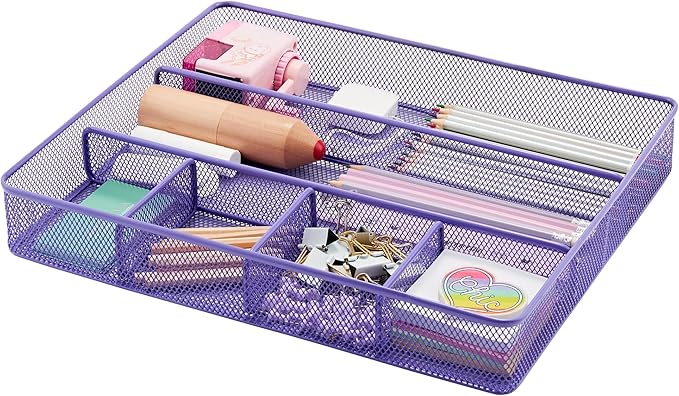 Annova Desk Top Organizer Tray for Office Organization - Metal Mesh - Storage Tray with Dividers for Pens, Desktop Accessories, Bathroom, Kitchen, Makeup and Office Supplies (Large, Purple)