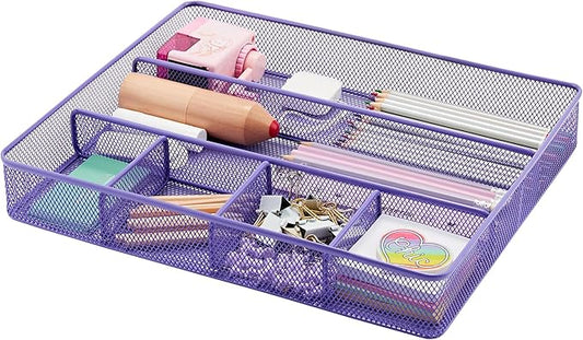 Annova Desk Top Organizer Tray for Office Organization - Metal Mesh - Storage Tray with Dividers for Pens, Desktop Accessories, Bathroom, Kitchen, Makeup and Office Supplies (Large, Purple)