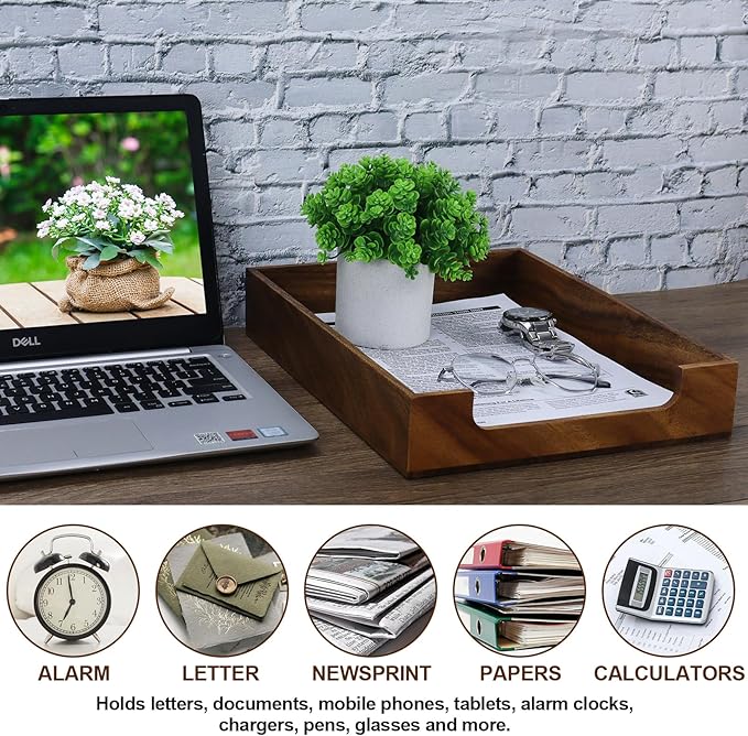 Multibey Walnut Wood Letter Tray for Desk, A4 Paper File Holder Organizer with Rounded Corners, Paper Document File Tray Storage Holder for Office & Home School, Black Walnut