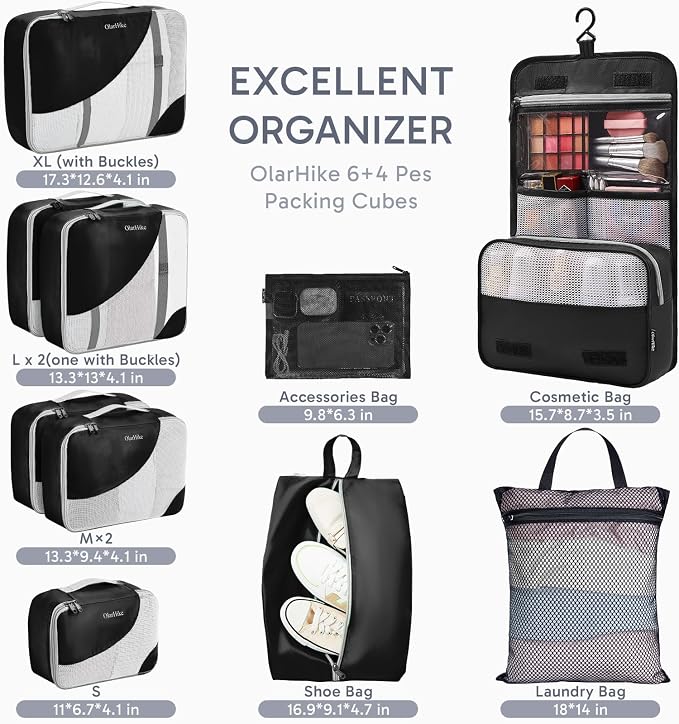 OlarHike 10 Set Packing Cubes for Travel, Gifts for Women Mom,Anti-Tearing Suitcase Organizer with Over 1000 pcs Mesh Holes,Vacation Essentials & Accessories for Cruise Ship
