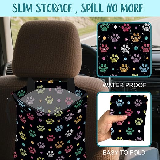 Car Garbage Bag Colorful Paw Prints and Diamond Drawstring Car Trash Bag Hanging for Back Seat with Adjustable Buckle Canvas Vehicle Trash Can Easy-to-Install
