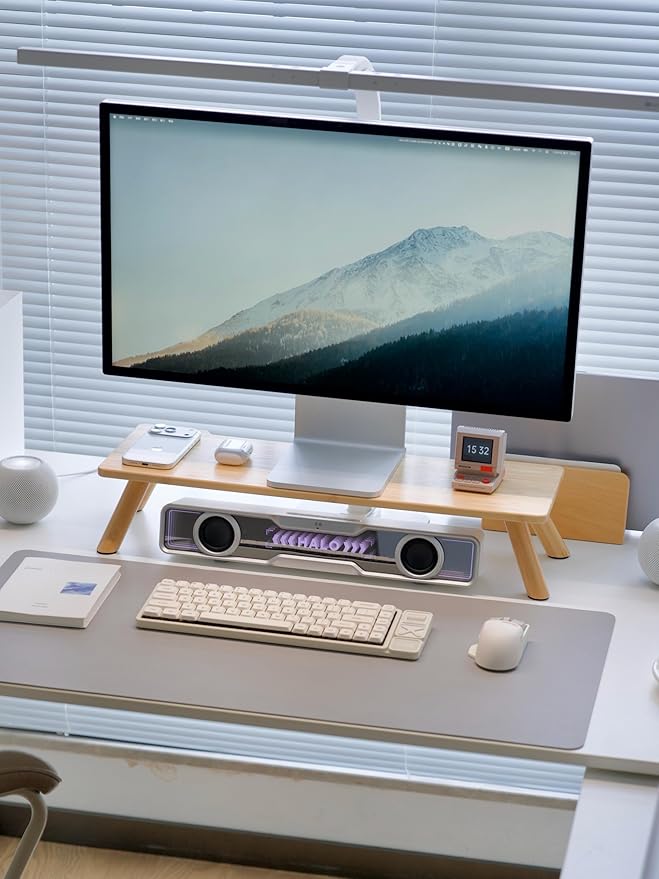 Bamboo Monitor Stand Riser with Cable Routing Slot, Ergonomic Computer Shelf for Desk, Natural Wood Desktop Organizer for Monitor Laptop Printer, Home Office Accessory