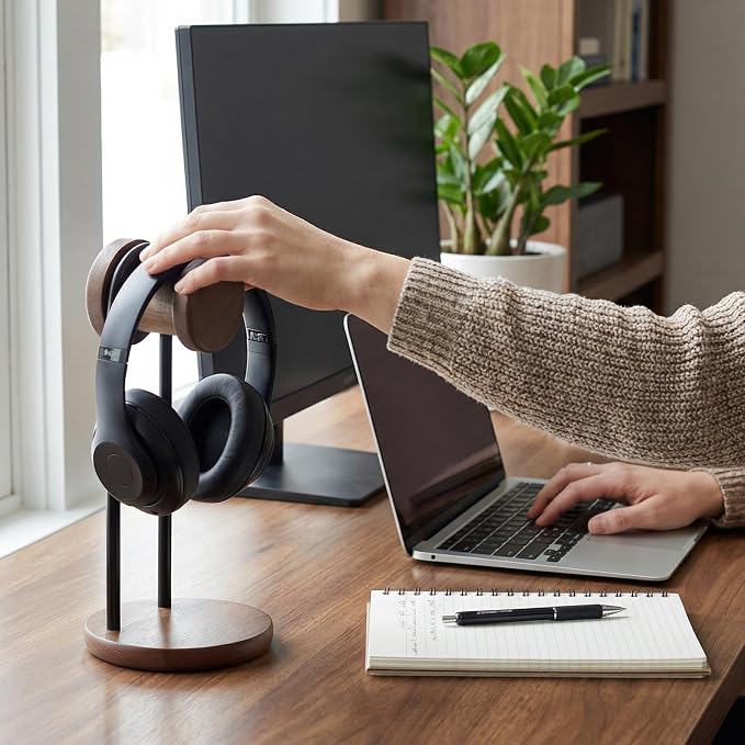 Fenge Headphone Stand for Desk, Nature Wood & Metal Headphone Holder with Storage Base, Desktop Headset Stand for Gaming Universal Headphones, Walnut