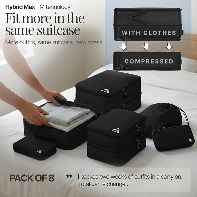 Well Traveled 8 pcs Compression Packing Bags Cubes Set with HybridMax Double-Capacity Design - Packing Cubes for Travel Compression to Maximize Limited Luggage Space, Black