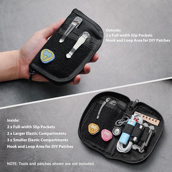 VIPERADE VE22 EDC Pouch Small Pocket Organizer with 9 Compartments, Pocket Tools Pouch with DIY Patches Areas, Compact Multitool Organizer Bag for Men