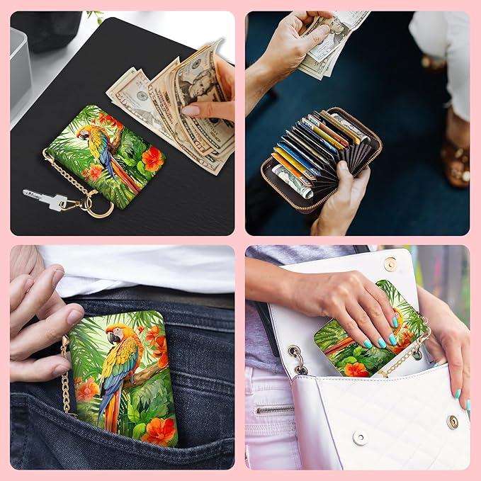 Blusabaca Credit Card Holder for Women, Parrot Bird Small RFID Wallet with Zipper, Card Keychain Wallet, Leather Wallet Card Case, Business RFID Blocking Accordion Purse Wallet Gift