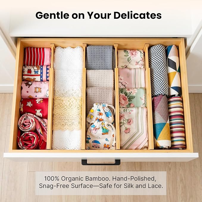 4 Pack Drawer Dividers, 2.36" Bamboo Expandable Drawer Organizers, 17-22" Adjustable Tension Separators, Standard Drawer Dividers for Kitchen, Bedroom Dresser, Baby Nursery & Bathroom