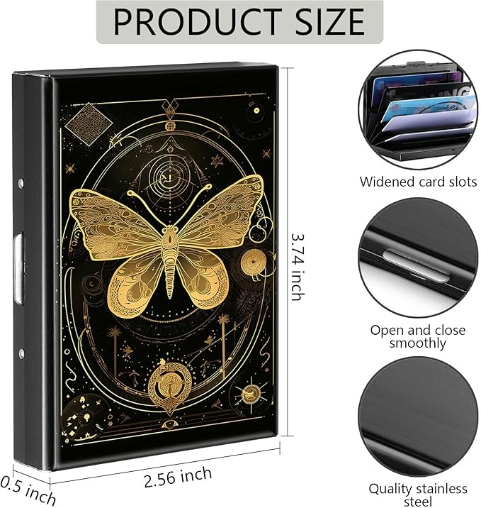 Credit Card Holder, Golden Moth Moon Butterfly Design Mini RFID Blocking Aluminum Wallet Slim Metal Hard Case Shell Travel Wallet ID Case Small Credit Cards Case Business Cards for Women Men