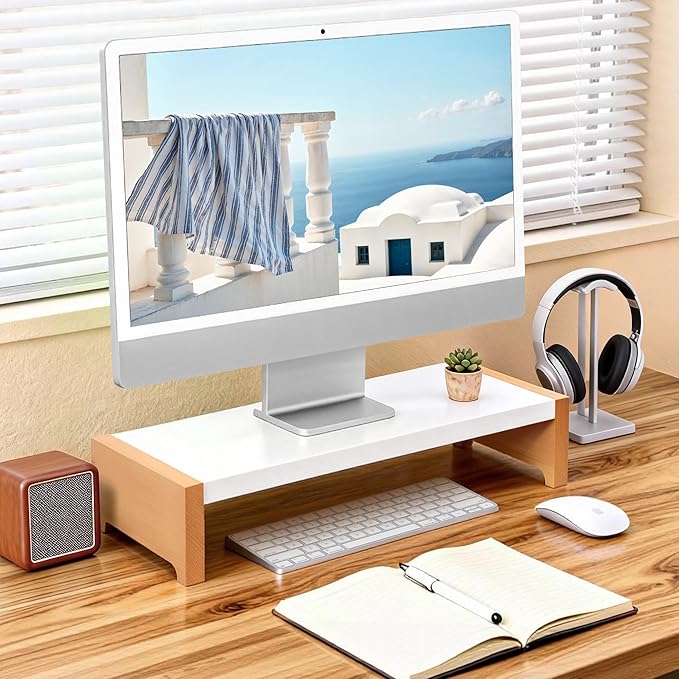 ARCOBIS Monitor Stand Riser, White Metal & Wood Computer Monitor Stand Riser for Desk, Max Load Capacity 40LB