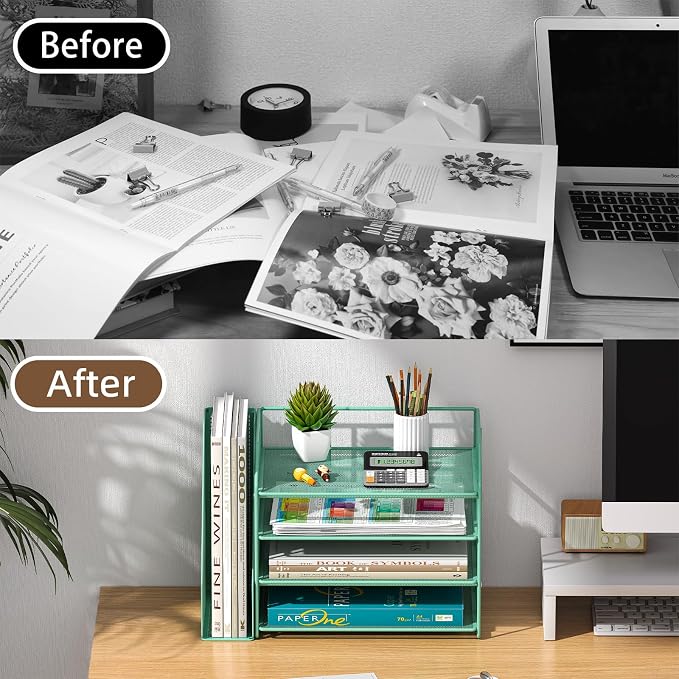 4-Tier Paper File Organizer with Bookend, Metal Desk Organizer, Tiered Paper Tray for Letter/A4 Files, Desktop Office Supplies Storage Rack for Home Office, Classroom, School & Work,Green