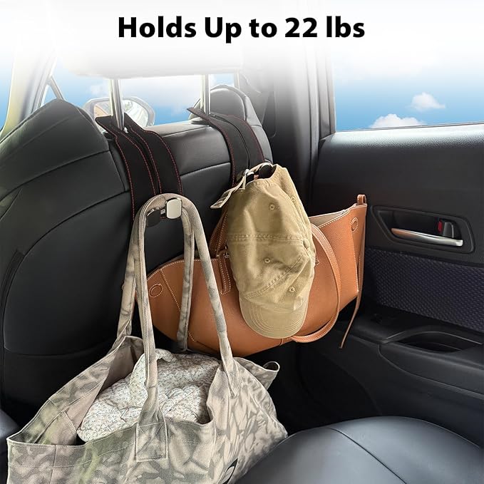 Travel Depot Headrest Hooks for Car, Purse Hook for Car, Premium Leather Twin Hook Car Seat Hooks, Double Hook Seat Back Storage Organizer for Purses, Bags, SUV, Truck, Vehicle, 2 Pack, Black