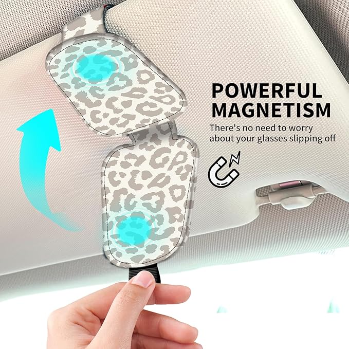 Leather Magnetic Sunglass Holder for Car Sun Visor, Cute Eyeglass Ticket Card Hanger Clip, Universal Auto Interior Accessories for SUV Pickup Truck Beige Leopard Print