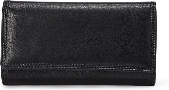 Amazon Essentials Women's Long Flap Continental Leather Wallet with Snap Closure, Black, One Size