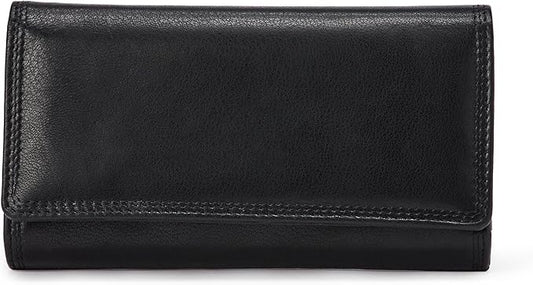 Amazon Essentials Women's Long Flap Continental Leather Wallet with Snap Closure, Black, One Size