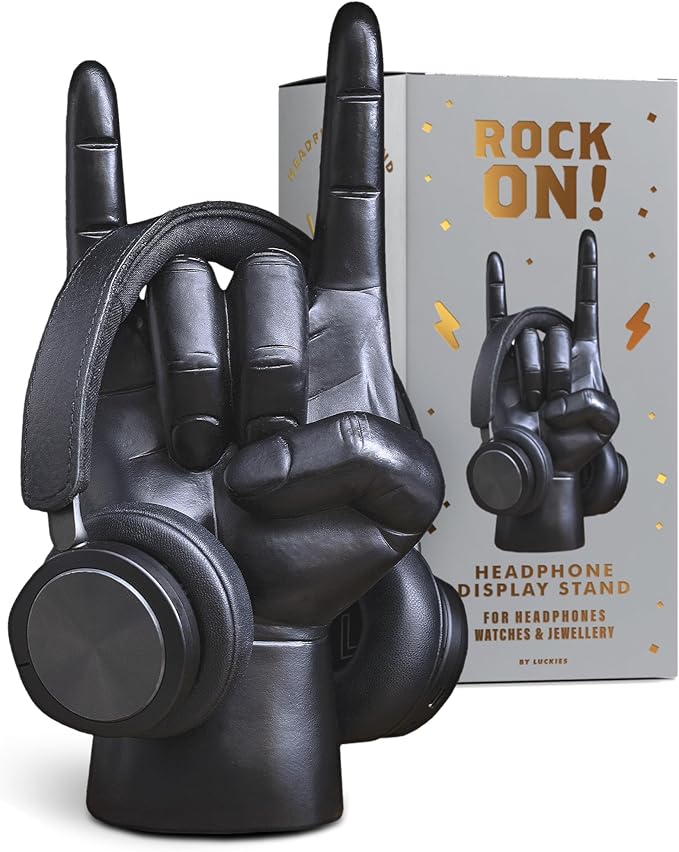Luckies Headphone Stand - Headphone Holder - Rock On Hand - Headset Stand - Mens Jewellery Holder - Mens Desk Accessories - Controller Holders - Guitar Accessories - Desk Tidy - Dad Rock Gifts - Black