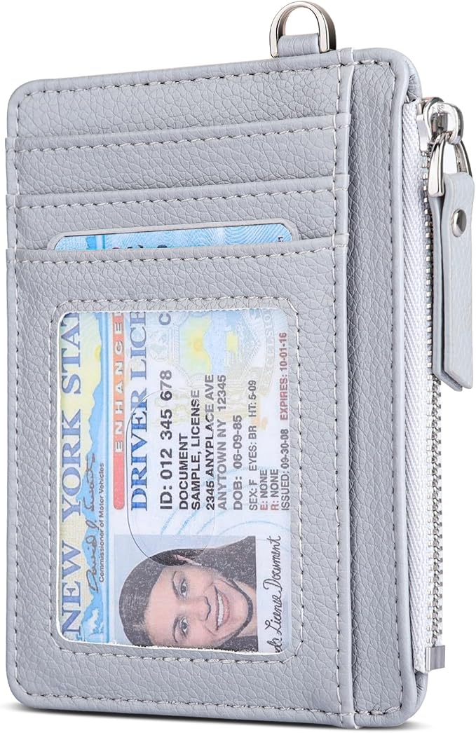 Teskyer Slim Card Holder Wallet with Zip Pocket, RFID Blocking, Total 9 Compartments Large Capacity, 3.5" x 4.7" (Slight Larger Than Usual), Faux Leather - Grey