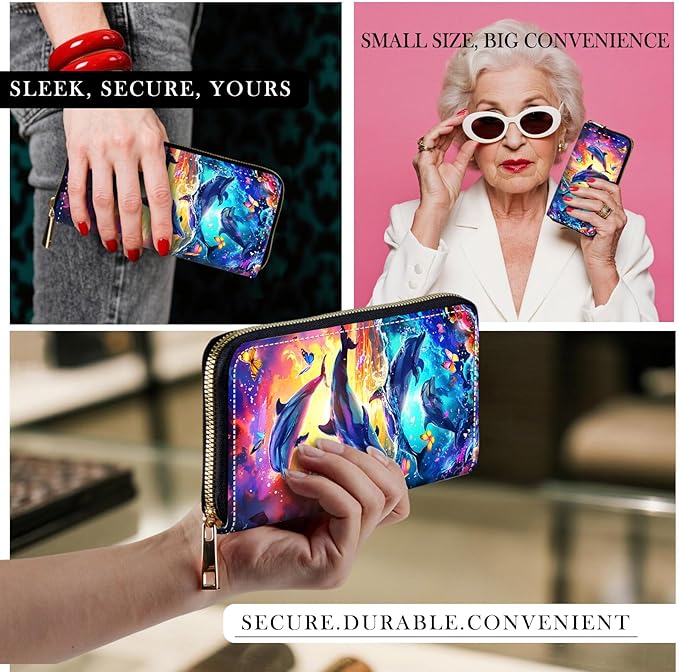 RFID-Blocking Zip Around Wallets for Women with Detachable Wrist Strap,Large Capacity Phone Holder with Card Organizer & Coin Pocket,Dolphins and Butterflies